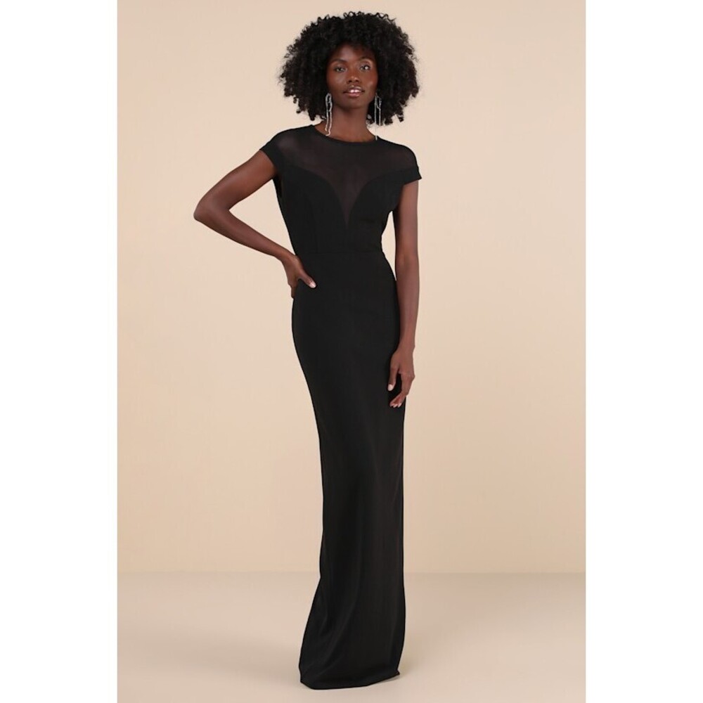 Lulus Truly Mysterious Black Sheer Mesh Cap Sleeve Maxi Dress - Size M